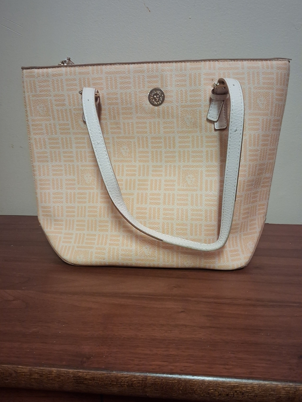 Anne Klein Yellow And Cream Patterned Shoulder Tote with White Straps